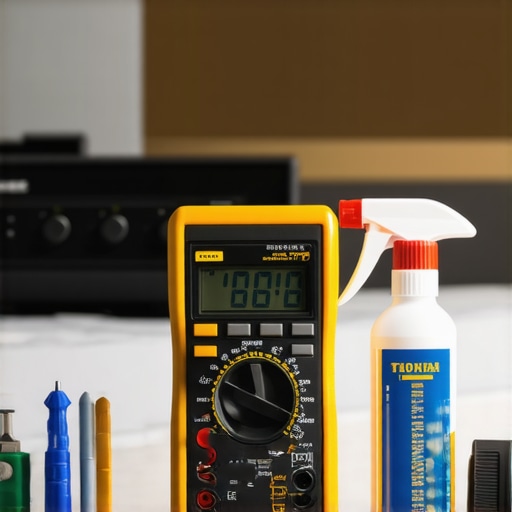Professional multimeter and cleaning tools used for home audio system upkeep