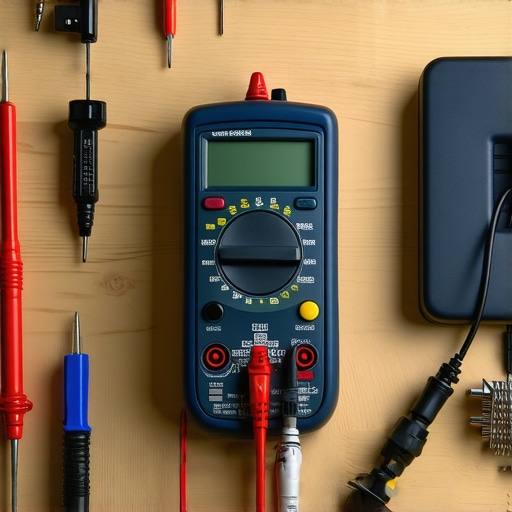 A multimeter and screwdriver testing audio cables on a workbench.