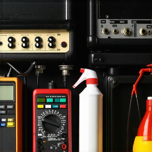 A multimeter, compressed air can, and contact cleaner spray arranged near vintage amplifiers