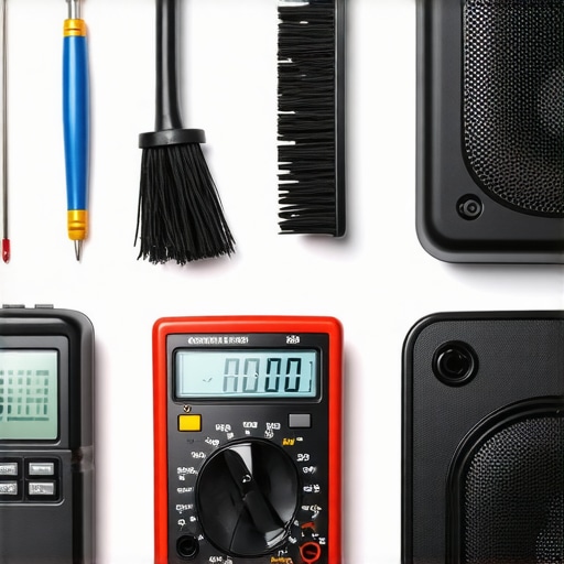 Close-up of various tools used for maintaining home audio equipment such as multimeter, cleaning brushes, and inspection devices.