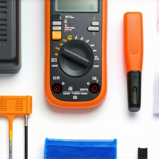 Close-up of audio repair tools like multimeter, spray cleaner, and dust blower on a technician's workbench