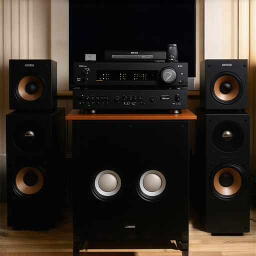 Expert Home Audio Setup Close-up of a professional-grade home audio system with accurate speaker placement and calibration tools