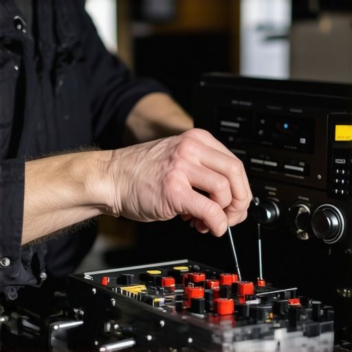 Expert calibrating home audio setup Technician adjusting audio equipment for optimal sound quality