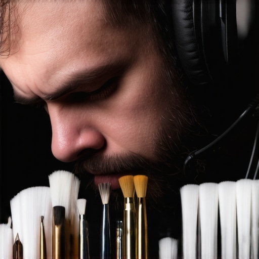 Expert headphone maintenance setup A person cleaning a pair of high-end headphones with specialized cleaning tools and microfiber cloths