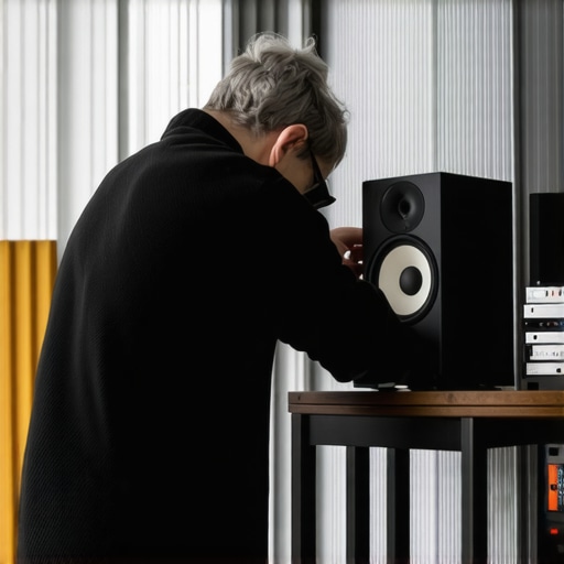 Person positioning bookshelf speakers on stands in a modern listening room.