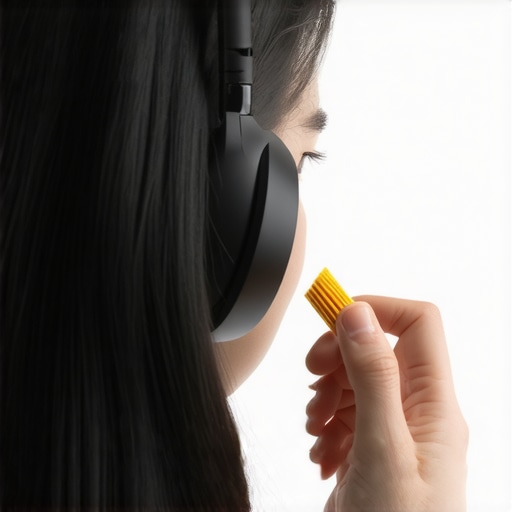 Gently Cleaning Headphone Mesh with Soft Brush Person using a soft brush to clean headphone mesh carefully.