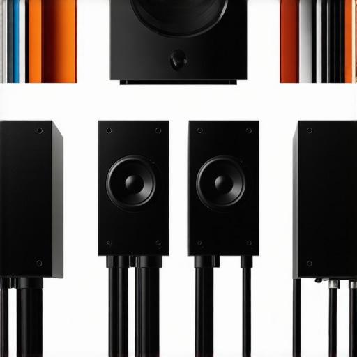High-end audio setup with room treatment Expert audio equipment with detailed cabling and acoustic panels