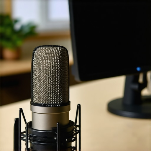 Close-up of a condenser microphone on a desk with a pop filter, ideal for professional Zoom calls.