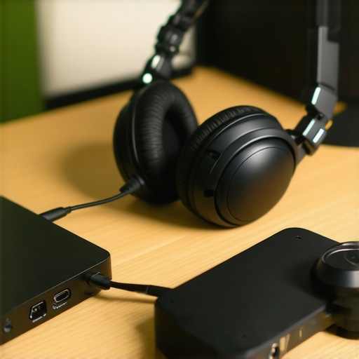 Close-up of headphones connected to a modern DAC and amplifier for improved audio quality.