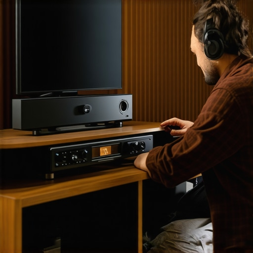 Person using calibration equipment on home audio speakers in a modern listening room.