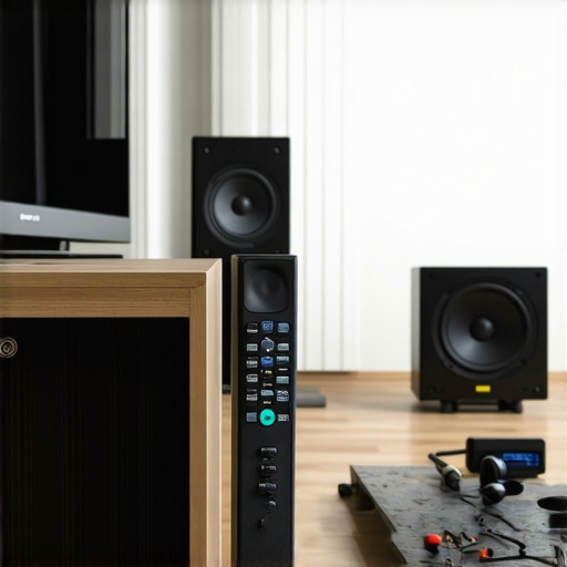 Home audio equipment being calibrated using a sound level meter and acoustic tools in a comfortable listening environment.