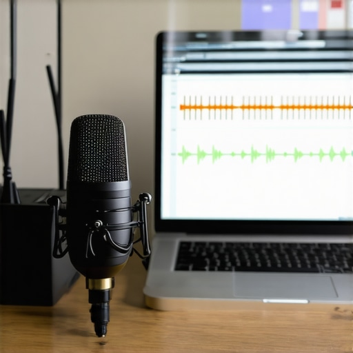 Home Audio Calibration Tools in Use A measurement microphone connected to a laptop with calibration software running in a home audio environment.