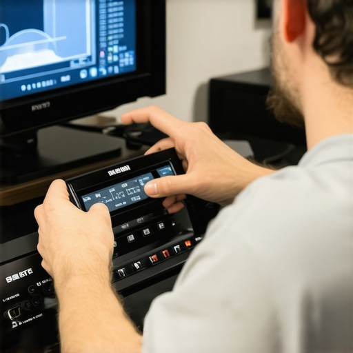 Home Audio Calibration Tools in Use Technician adjusting speakers and using measurement tools for audio calibration.