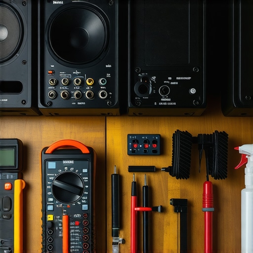 Professional audio maintenance tools laid out on a workbench with speakers in the background
