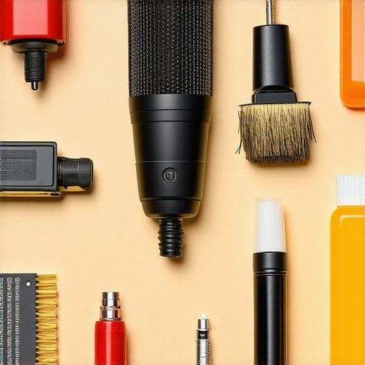 A collection of tools used for maintaining home audio systems, including calibration microphone and cleaning supplies.