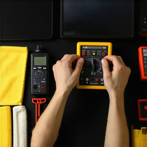 Home Audio Maintenance Tools Person maintaining home audio equipment with cleaning tools and electronic testing devices.
