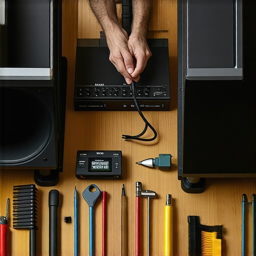 A technician calibrating and inspecting home audio speakers with professional tools