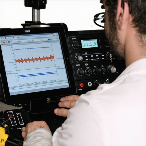 Home audio technician performing system maintenance with analyzer tools Technician calibrating home audio system using professional tools