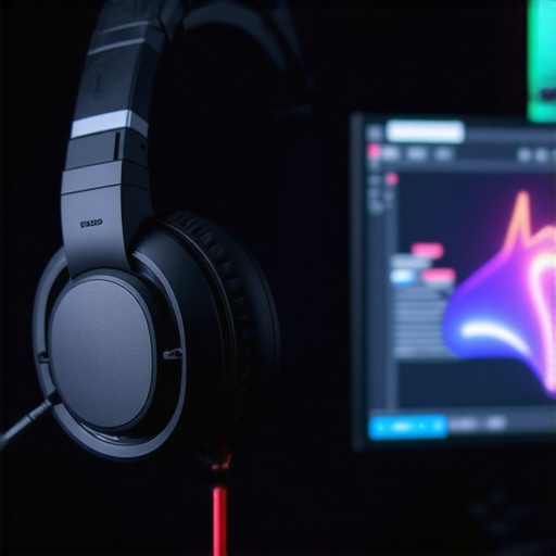 Close-up of a gaming headset connected to a computer with low latency indicator