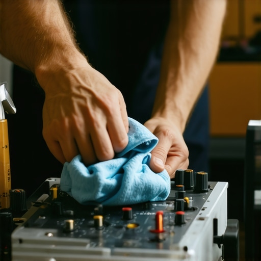 A person cleaning and maintaining vintage home audio equipment using specialized tools.
