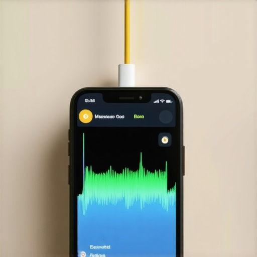 Smartphone on a stand showing room calibration app in a living room