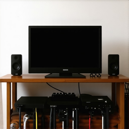 A well-organized home audio setup with monitor, router, and labeled shielded cables arranged to prevent electromagnetic interference.