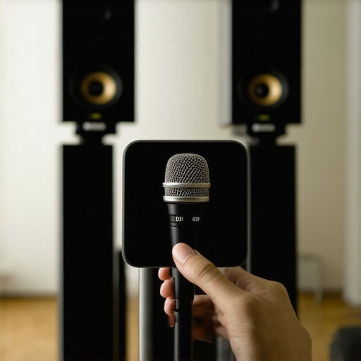 Professional Home Audio Calibration Setup Person calibrating home theater speakers with audio measurement tools.