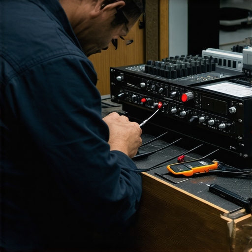 Professional audio maintenance Technician inspecting and cleaning stereo components with multimeter and brushes.