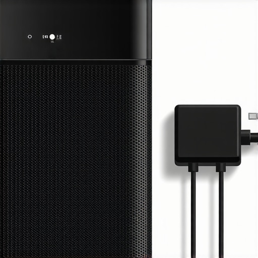 Proper Charging Setup for a Portable Speaker Portable speaker connected to quality charging accessories in a cool, clean environment.