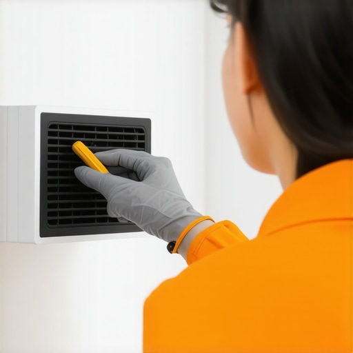 A technician carefully using compressed air to clean a home audio receiver