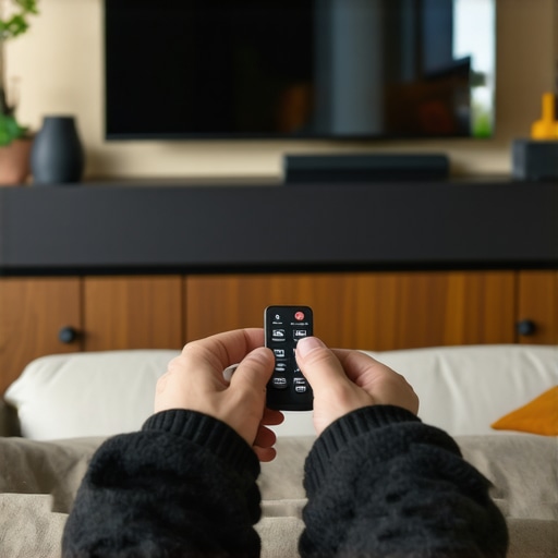 Proper Remote Positioning for Soundbar Person pointing remote directly at soundbar with clear line of sight