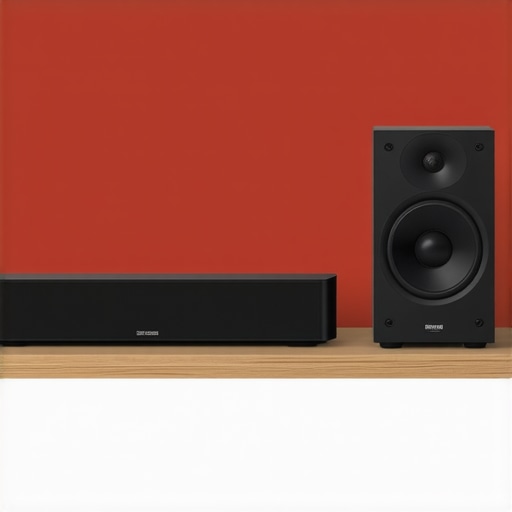 Soundbar Placement for Richer Bass A modern soundbar on a shelf with subwoofer highlighting optimal placement for bass enhancement