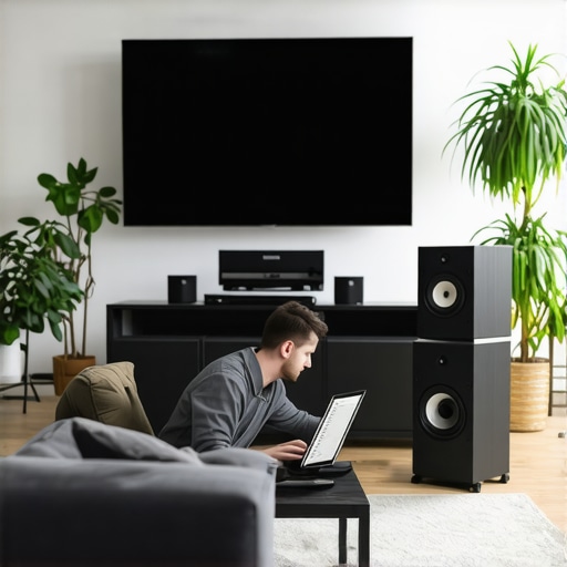 A technician calibrating surround sound speakers in a cozy living room setting.