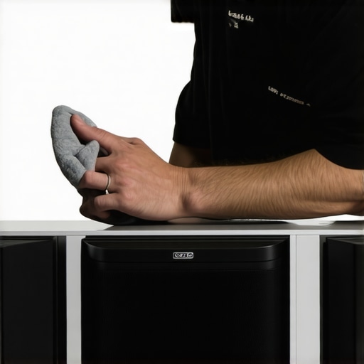 Technician meticulously cleaning speaker grille with microfiber cloth for optimal performance.