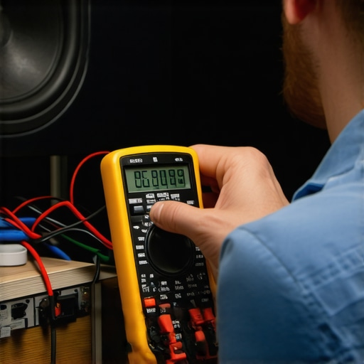 Speaker Maintenance with Multimeter Person testing speaker wires with a multimeter in a home audio environment.
