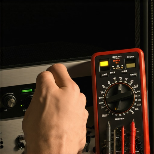Testing Home Audio Equipment with Multimeter A technician using a multimeter to check an audio amplifier during maintenance.