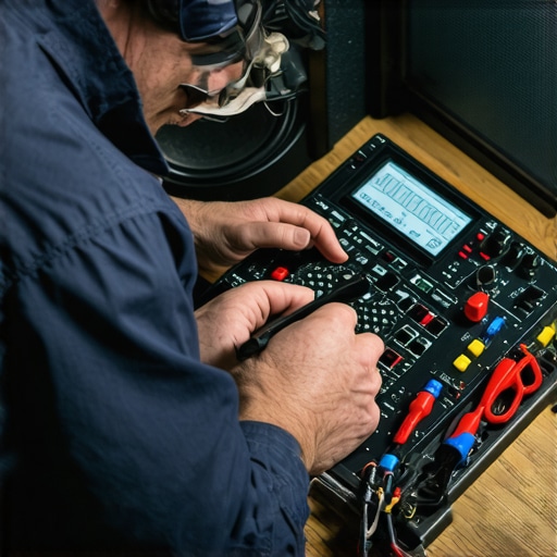 Tools for Audio Maintenance Audio technician testing and calibrating home audio equipment with multimeter and software
