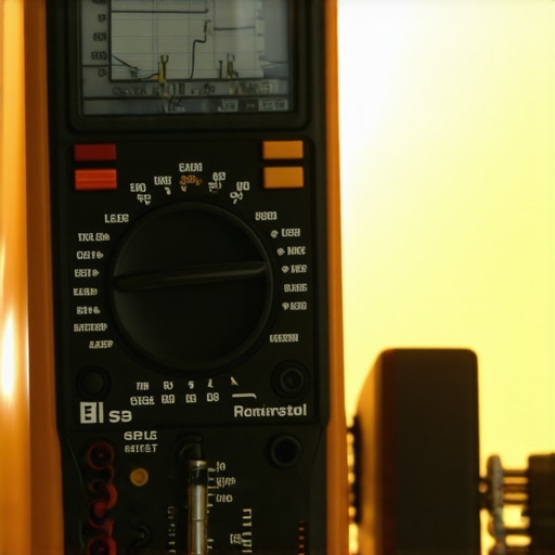 Multimeter and SPL meter sitting beside a home audio system