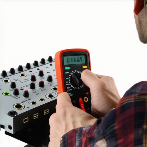Using a Multimeter for Audio Maintenance A person measuring audio equipment with a multimeter in a home audio setup
