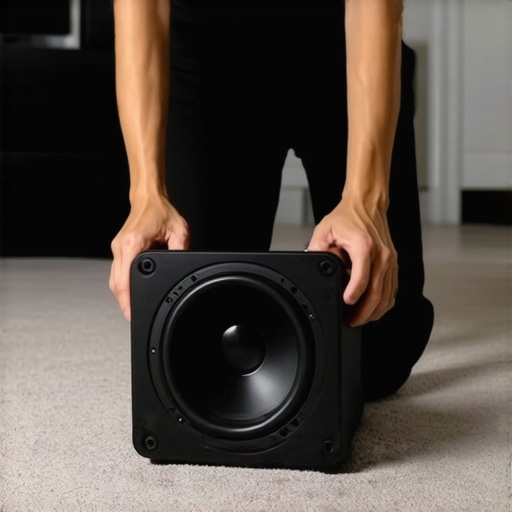 Person moving a small subwoofer around the room on the floor to find optimal placement.