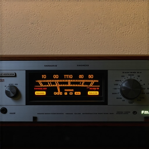 Close-up of an old stereo receiver's front panel with illuminated dials and meters, showcasing vintage audio hardware.