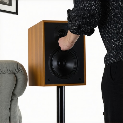 Person positioning bookshelf speakers on stands at ear height in a living room