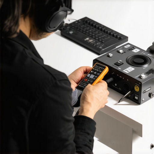 Technician cleaning and inspecting home audio equipment for optimal performance