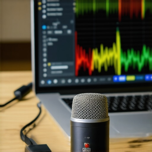 Audio Measurement Setup in Home Professional audio analyzer connected to a laptop performing sound calibration at home