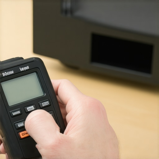 Technician measuring sound levels in a home audio setup with a digital meter.
