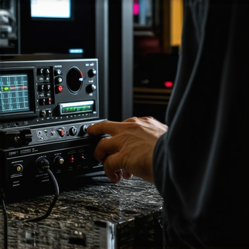 Technician using measurement tools to calibrate home audio equipment for optimal sound quality