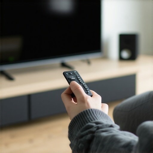 Person adjusting soundbar volume with remote control to prevent sudden jumps.