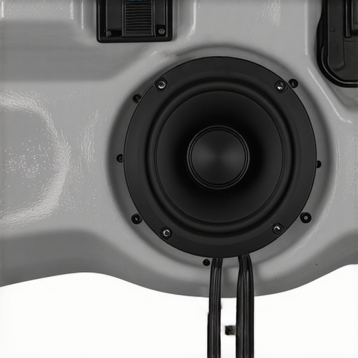 Close-up of car door speaker with foam sound dampening material after installation.