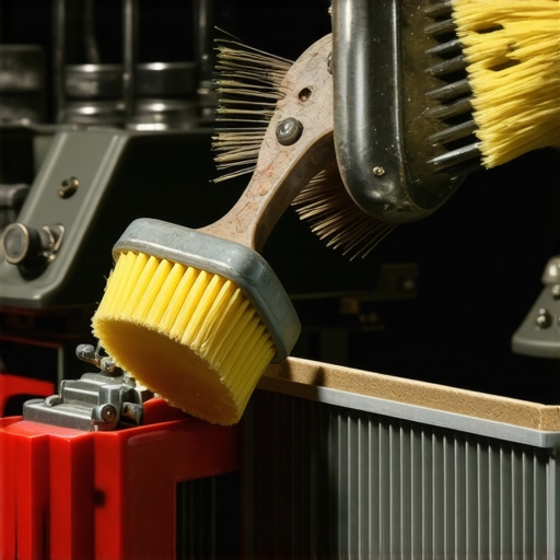 Close-up image showing hands cleaning the internal components of a vintage amplifier with brushes and compressed air.