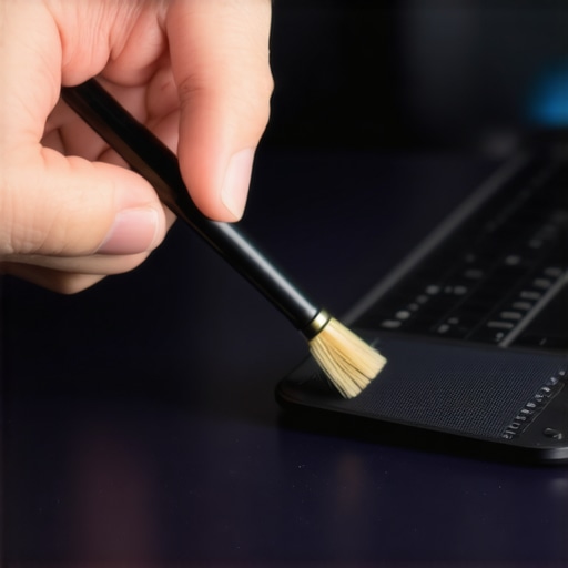 Person cleaning a laptop's headphone port with a brush